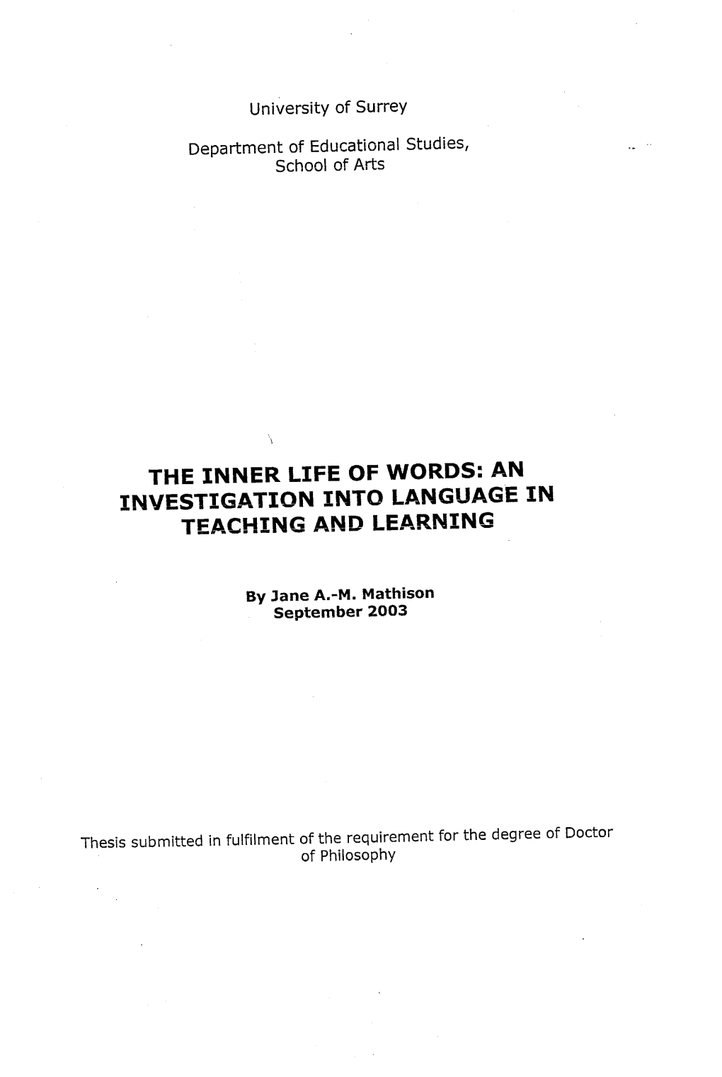 The Inner Life of Words: an Investigation Into Language in Teaching and Learning