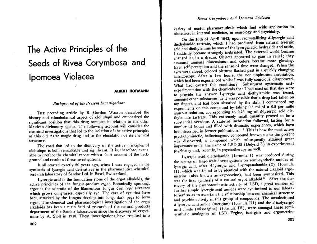 The Active Principles of the Seeds of Rivea Corymbosa and Ipomoea