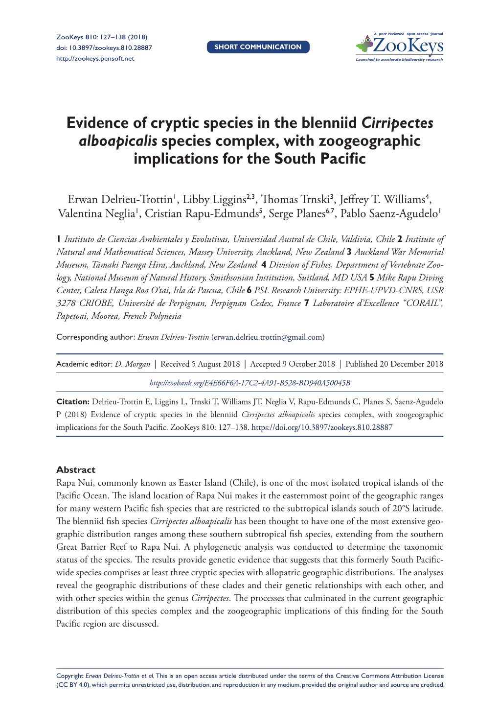 Evidence of Cryptic Species in the Blenniid Cirripectes Alboapicalis Species Complex, with Zoogeographic Implications for the South Pacific