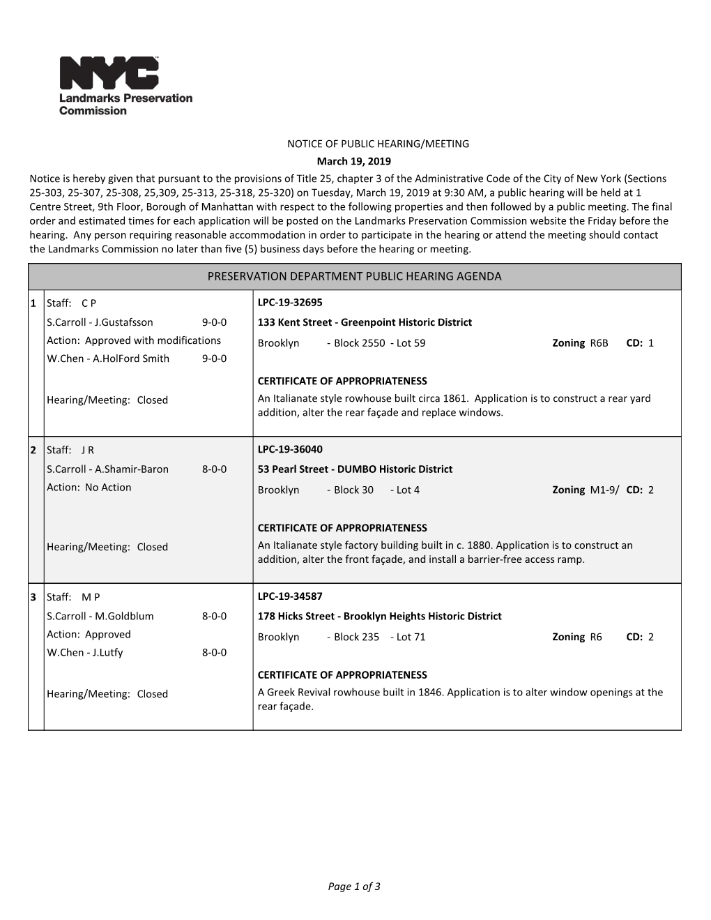 Preservation Department Public Hearing Agenda