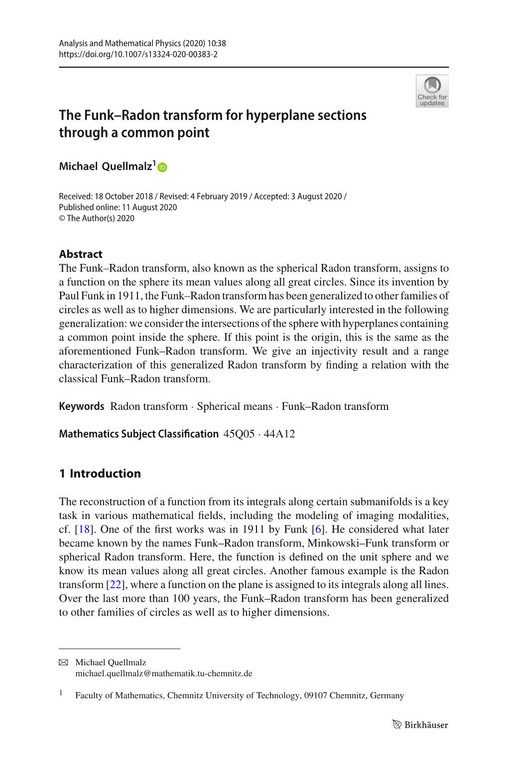 The Funk–Radon Transform for Hyperplane Sections Through a Common Point