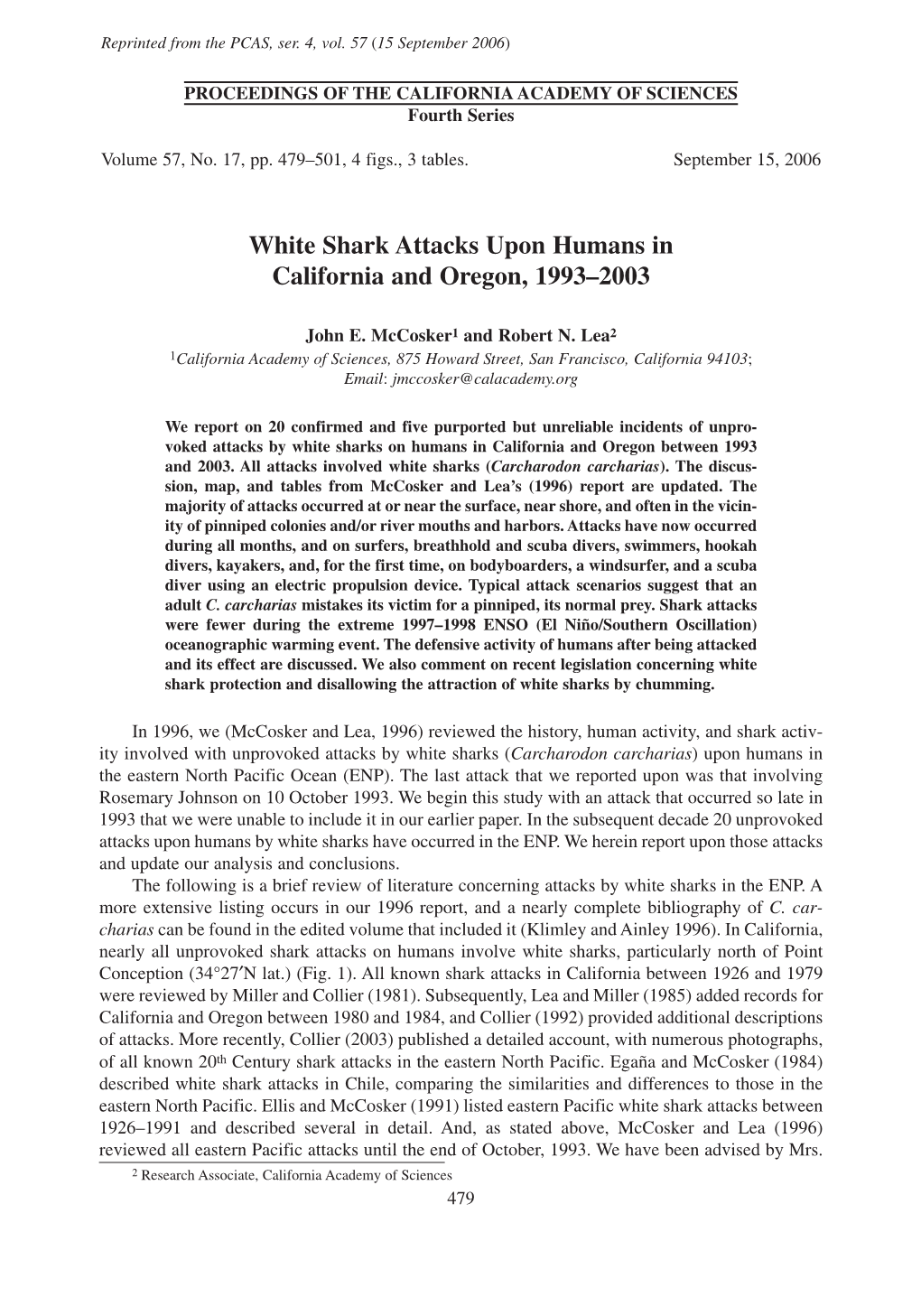 White Shark Attacks Upon Humans in California and Oregon, 1993–2003