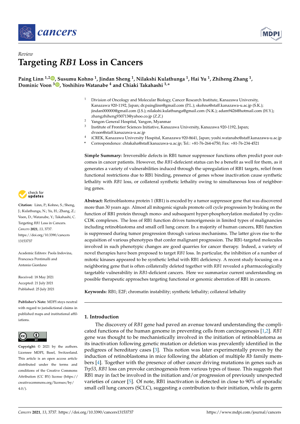 Targeting RB1 Loss in Cancers