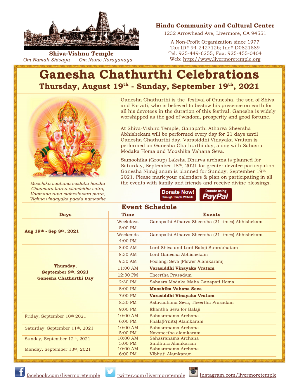 Ganesha Chathurthi Celebrations Thursday, August 19Th - Sunday, September 19Th, 2021