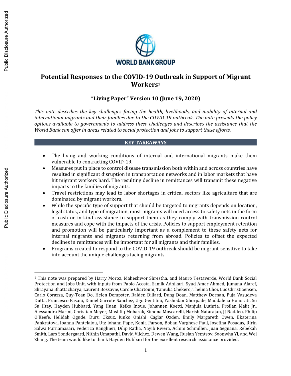 Potential Responses to the COVID-19 Outbreak in Support of Migrant Workers1