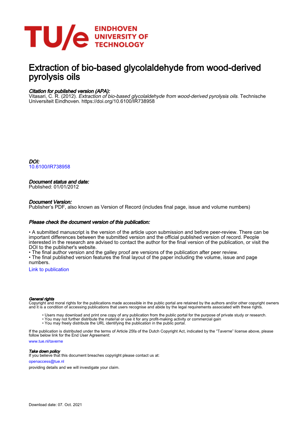 Extraction of Bio-Based Glycolaldehyde from Wood-Derived Pyrolysis Oils