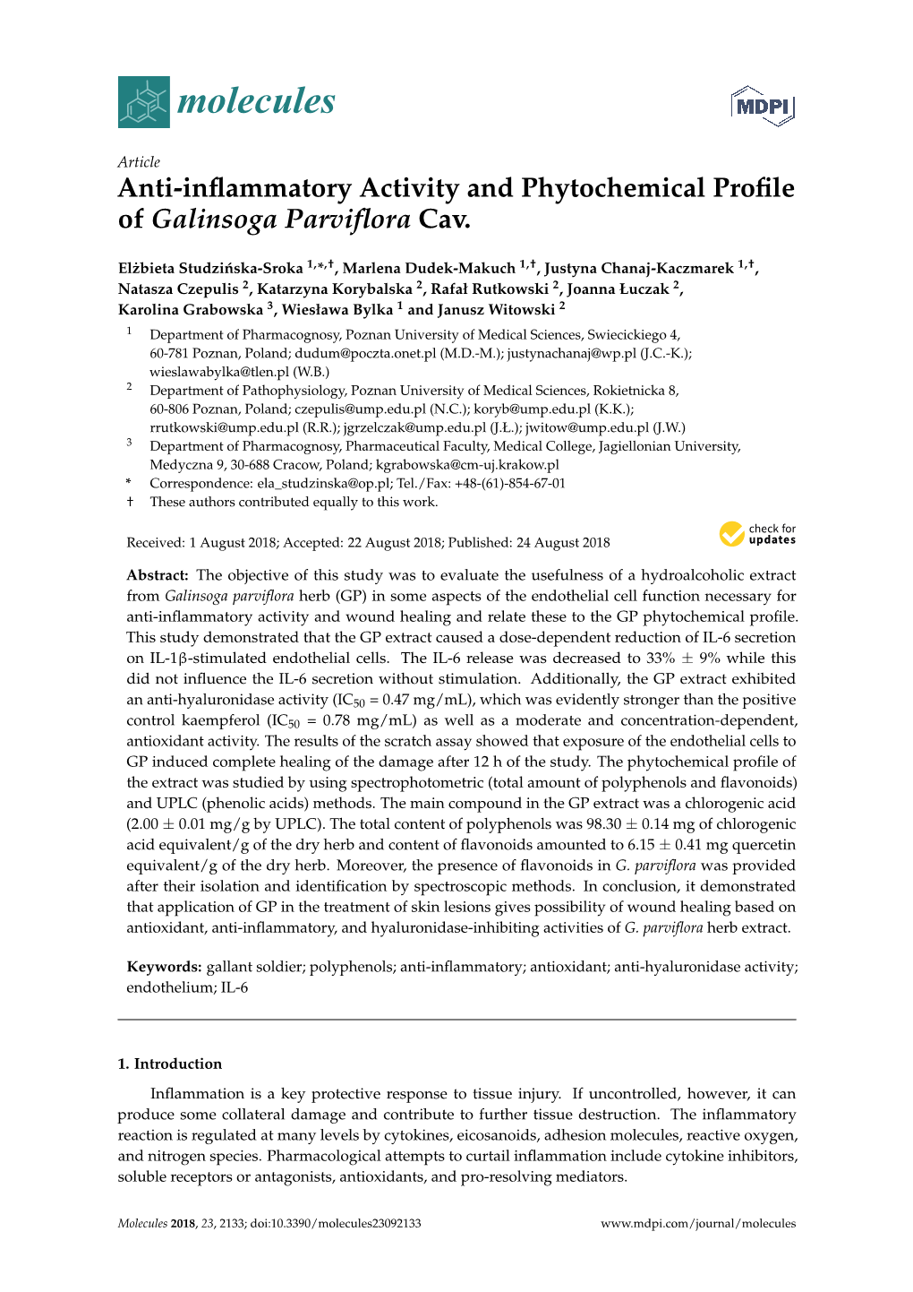 Anti-Inflammatory Activity and Phytochemical Profile of Galinsoga