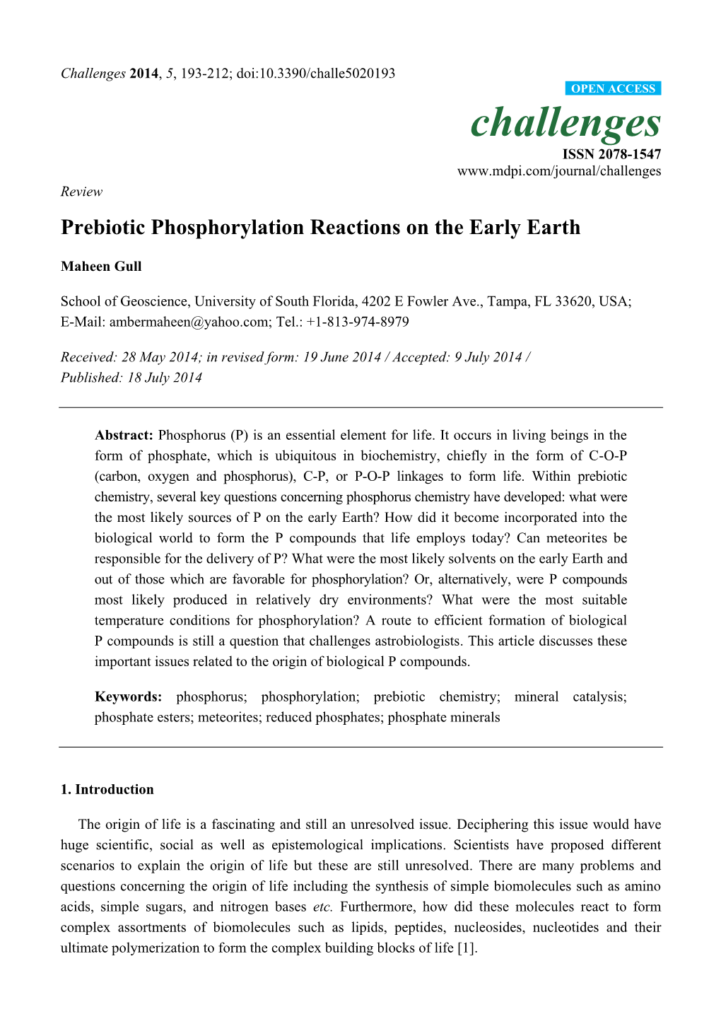 Prebiotic Phosphorylation Reactions on the Early Earth