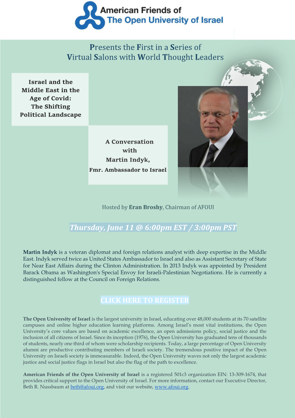 Virtual Salon with Amb. Martin Indyk, Former U.S. Ambassador to Israel