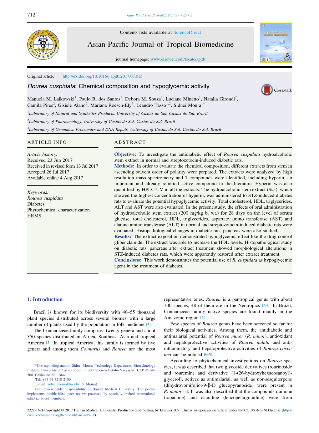 Rourea Cuspidata: Chemical Composition and Hypoglycemic Activity