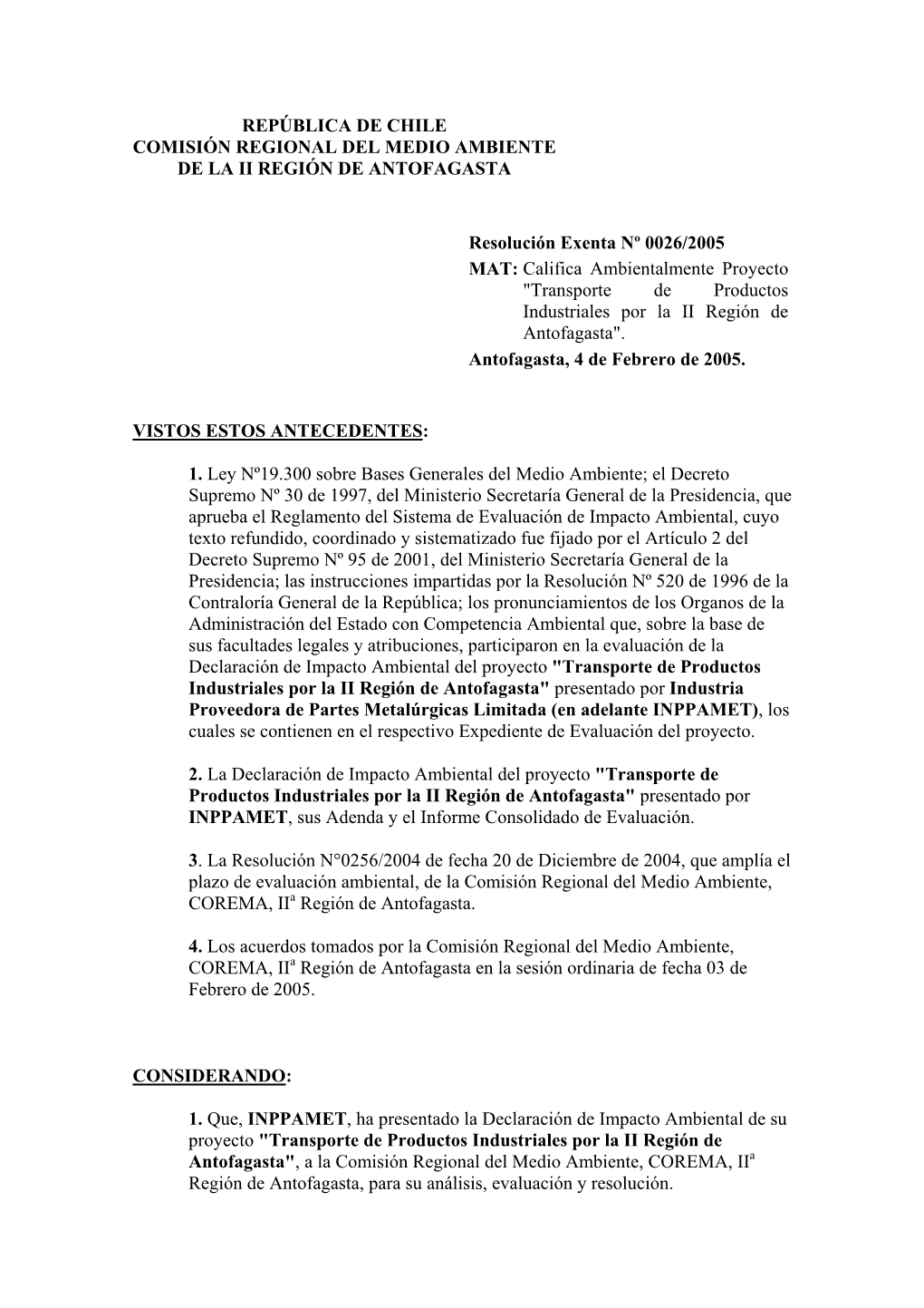 República De Chile Comisión Regional Del Medio Ambiente De La Ii Región De Antofagasta