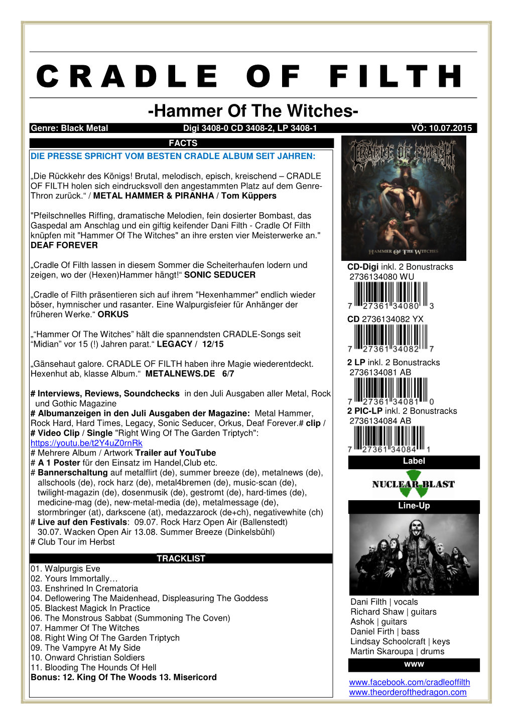 CRADLE of FILTH Holen Sich Eindrucksvoll Den Angestammten Platz Auf Dem Genre- Thron Zurück.“ / METAL HAMMER & PIRANHA / Tom Küppers