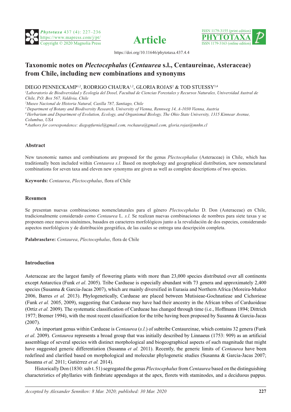 Taxonomic Notes on Plectocephalus (Centaurea S.L., Centaureinae, Asteraceae) from Chile, Including New Combinations and Synonyms