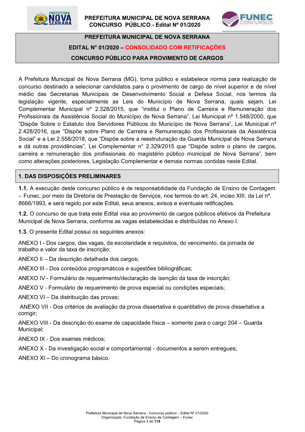 PREFEITURA MUNICIPAL DE NOVA SERRANA CONCURSO PÚBLICO - Edital Nº 01/2020