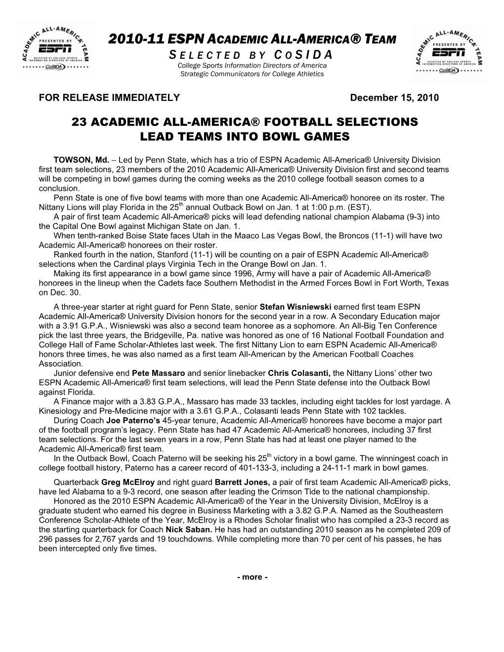 2010-11 ESPN ACADEMIC ALL-AMERICA® TEAM S ELECTED by C O SIDA College Sports Information Directors of America Strategic Communicators for College Athletics
