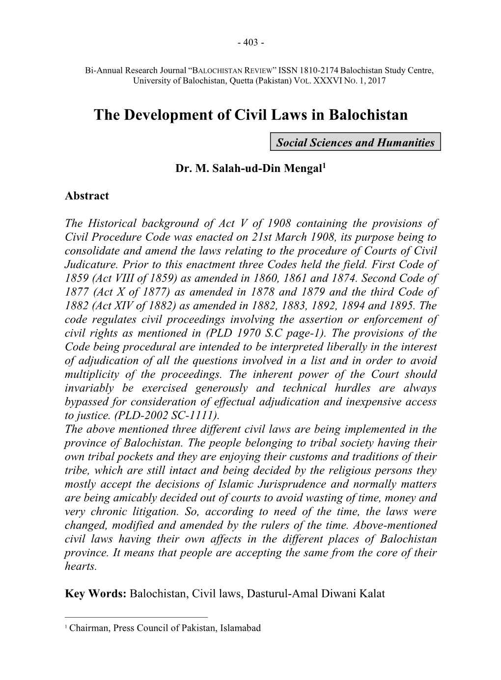 The Development of Civil Laws in Balochistan