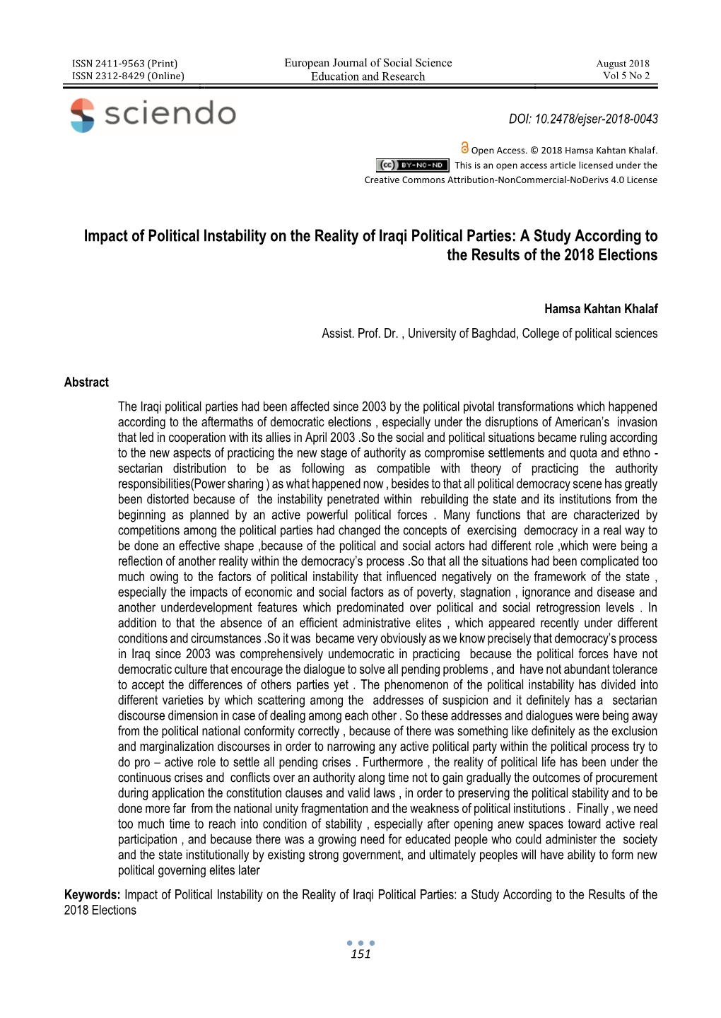 Impact of Political Instability on the Reality of Iraqi Political Parties: a Study According to the Results of the 2018 Elections