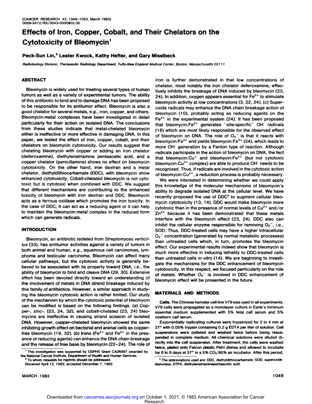 Effects of Iron, Copper, Cobalt, and Their Chelators on the Cytotoxicity of Bleomycin1