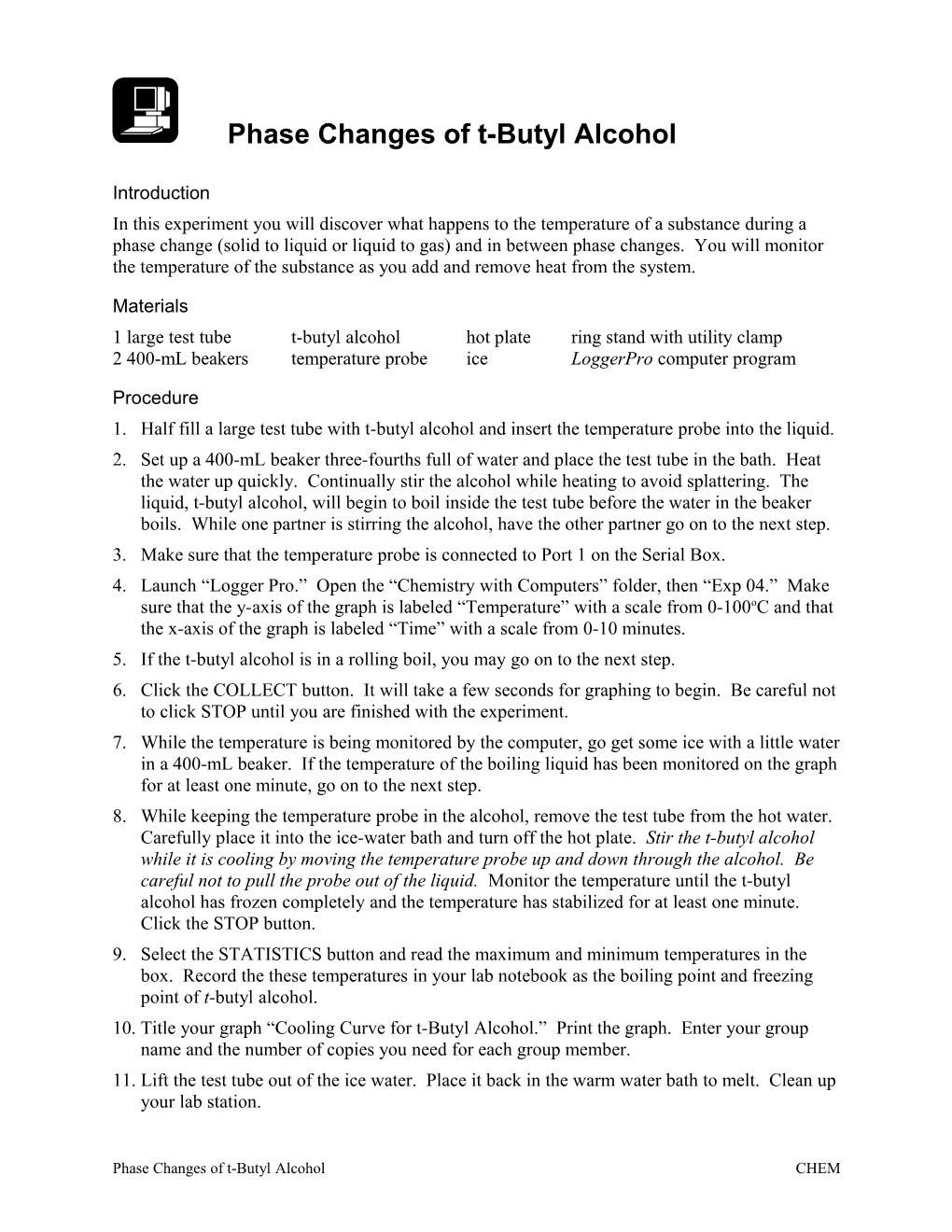 Phase Changes of T-Butyl Alcohol Lab