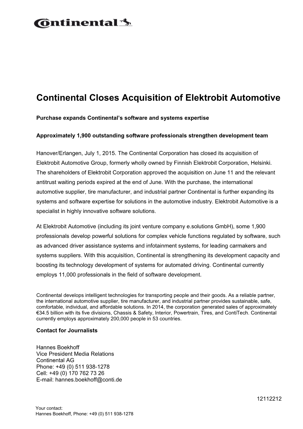 Continental Closes Acquisition of Elektrobit Automotive