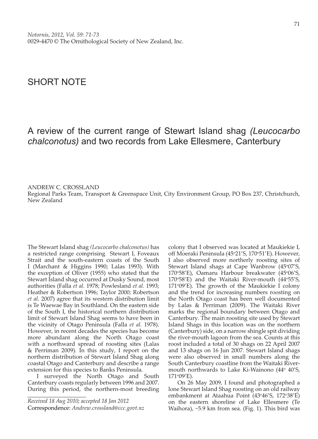SHORT NOTE a Review of the Current Range of Stewart Island
