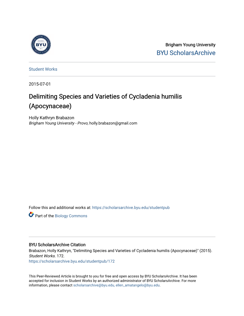 Delimiting Species and Varieties of Cycladenia Humilis (Apocynaceae)