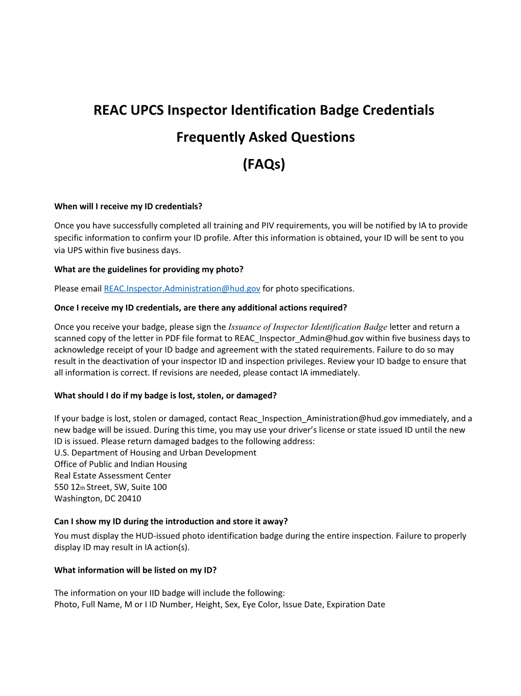 REAC UPCS Inspector Identification Badge Credentials Frequently Asked Questions (Faqs)