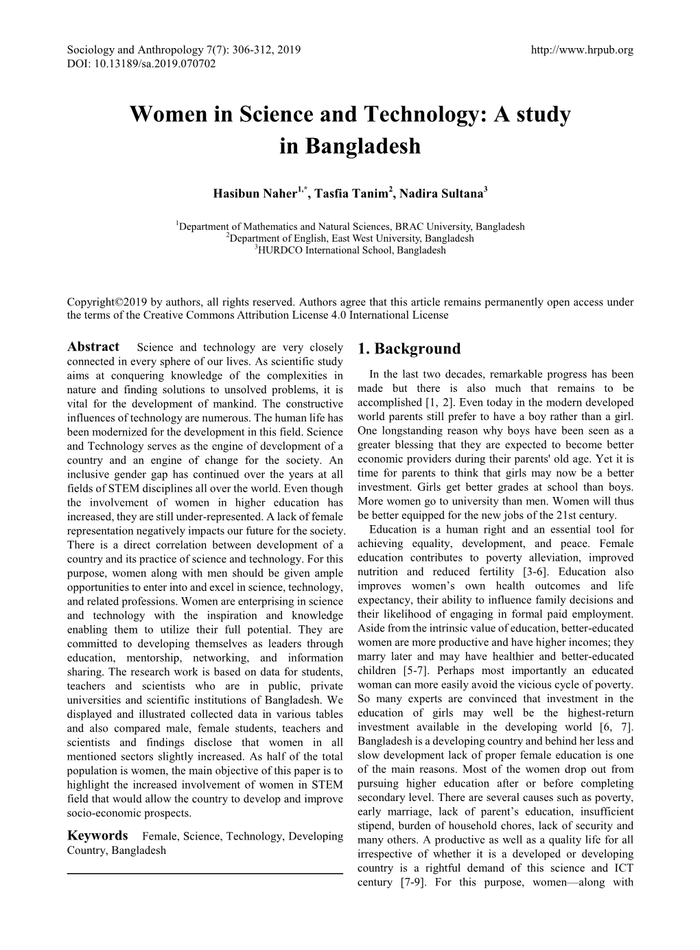 Women in Science and Technology: a Study in Bangladesh