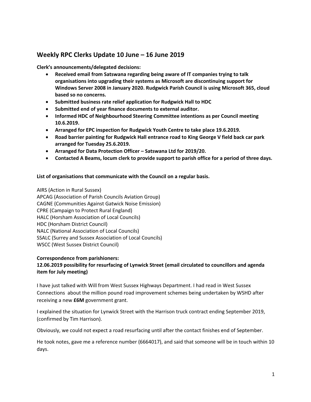 Weekly RPC Clerks Update 10 June – 16 June 2019