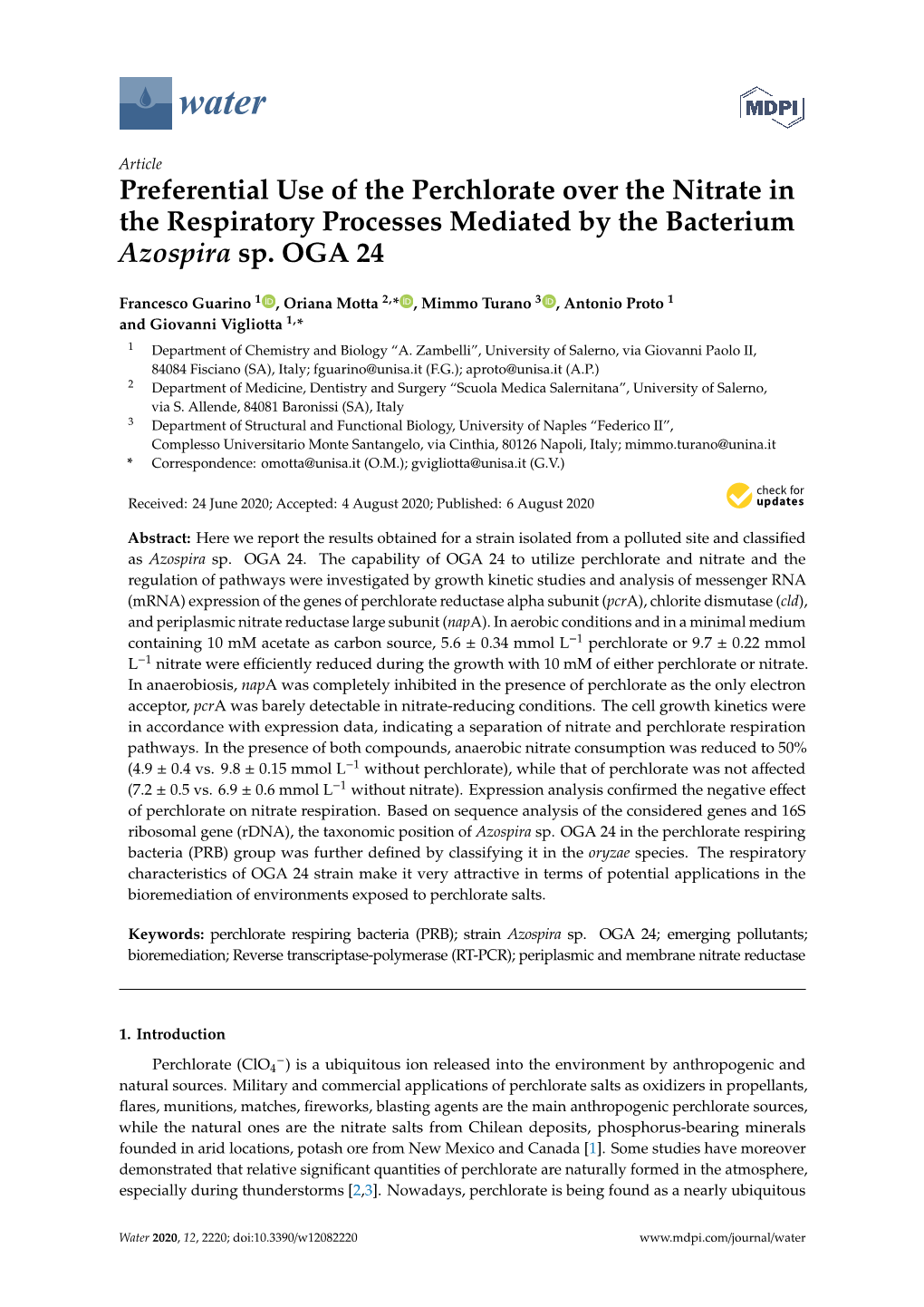 Preferential Use of the Perchlorate Over the Nitrate in the Respiratory Processes Mediated by the Bacterium Azospira Sp