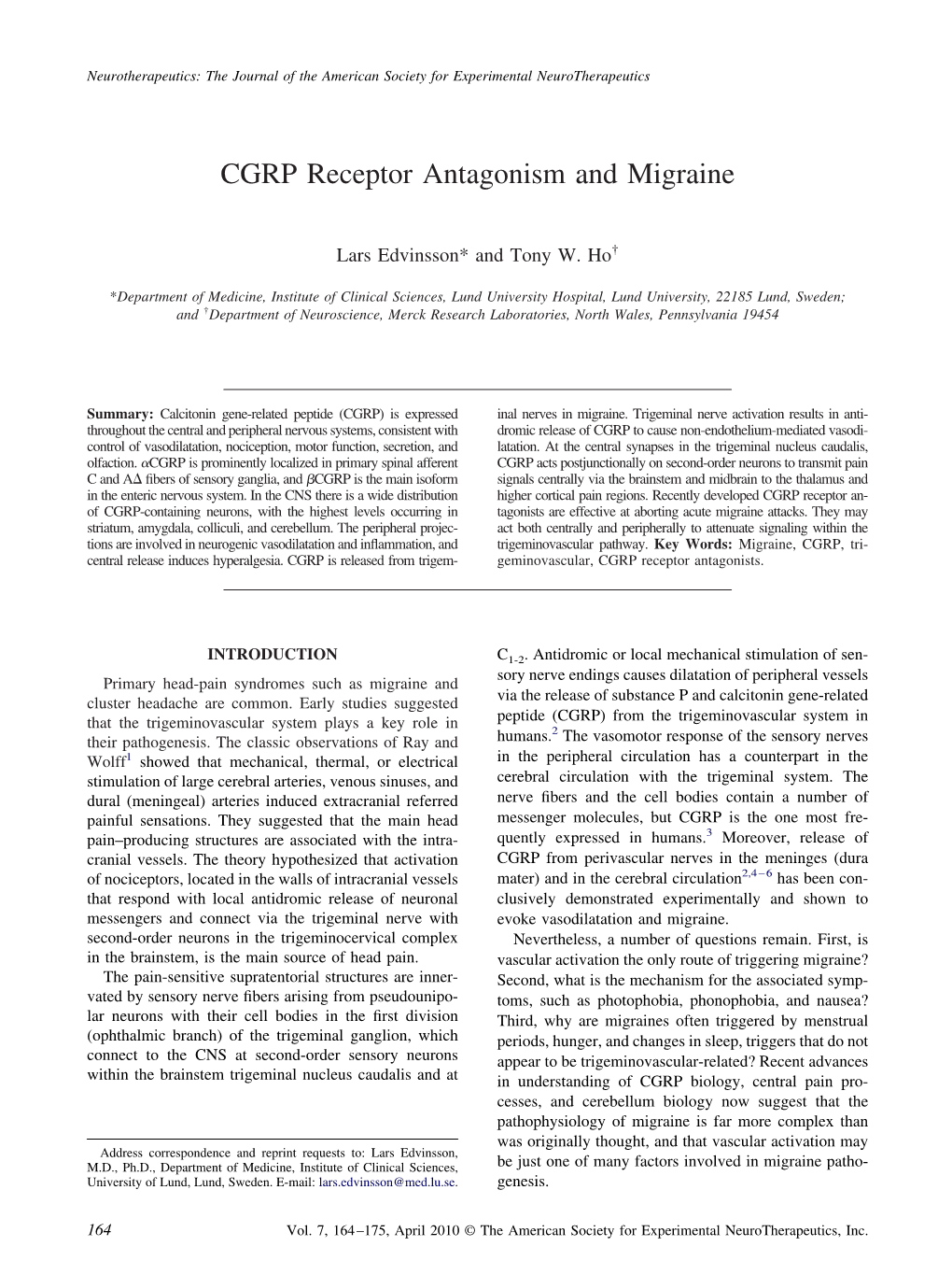 CGRP Receptor Antagonism and Migraine