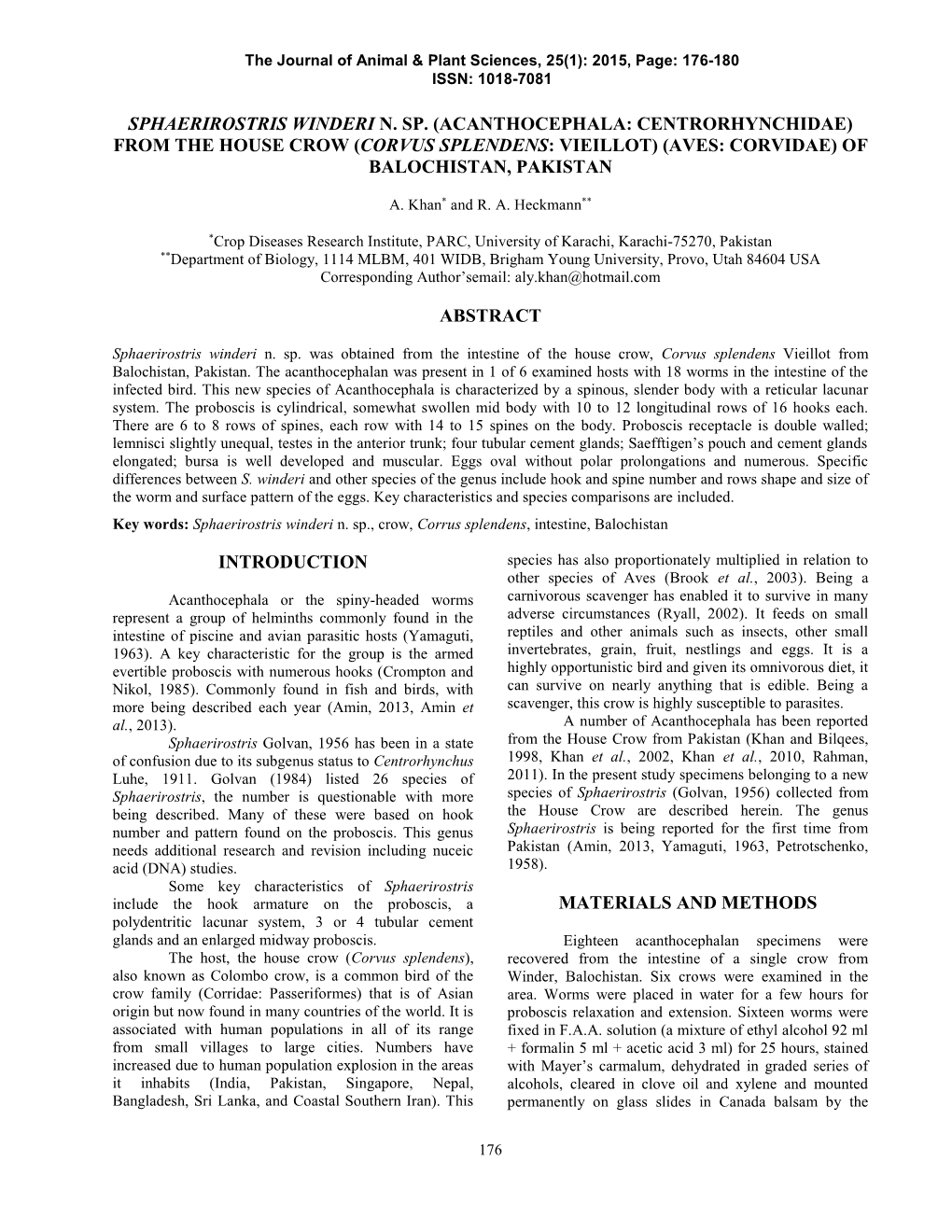 Sphaerirostris Winderi N. Sp. (Acanthocephala: Centrorhynchidae) from the House Crow (Corvus Splendens: Vieillot) (Aves: Corvidae) of Balochistan, Pakistan