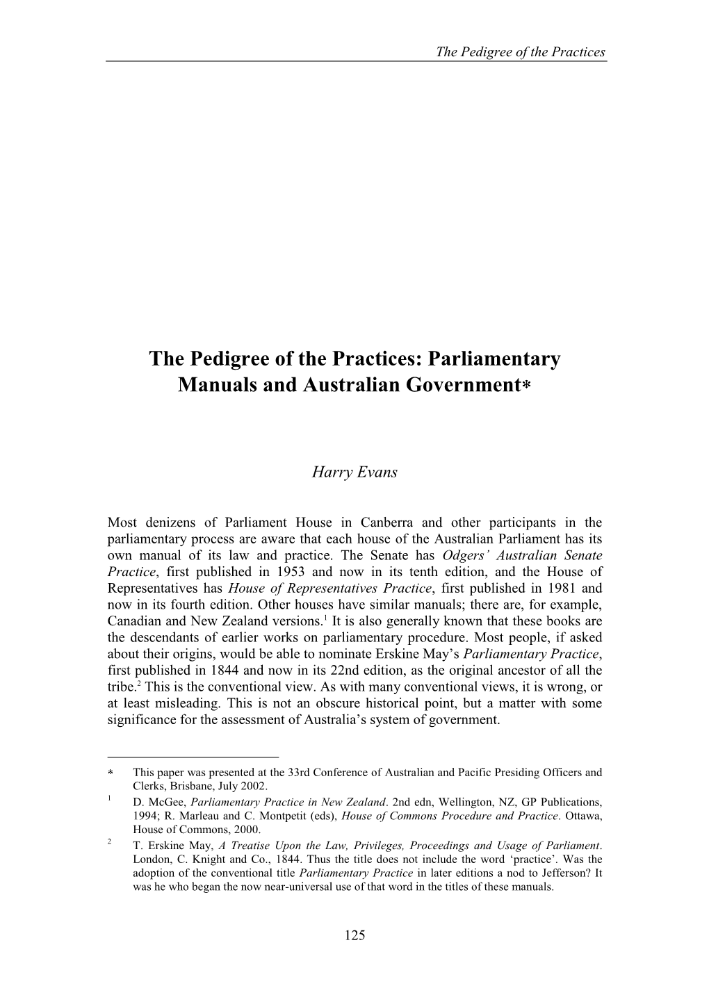 The Pedigree of the Practices: Parliamentary Manuals and Australian Government