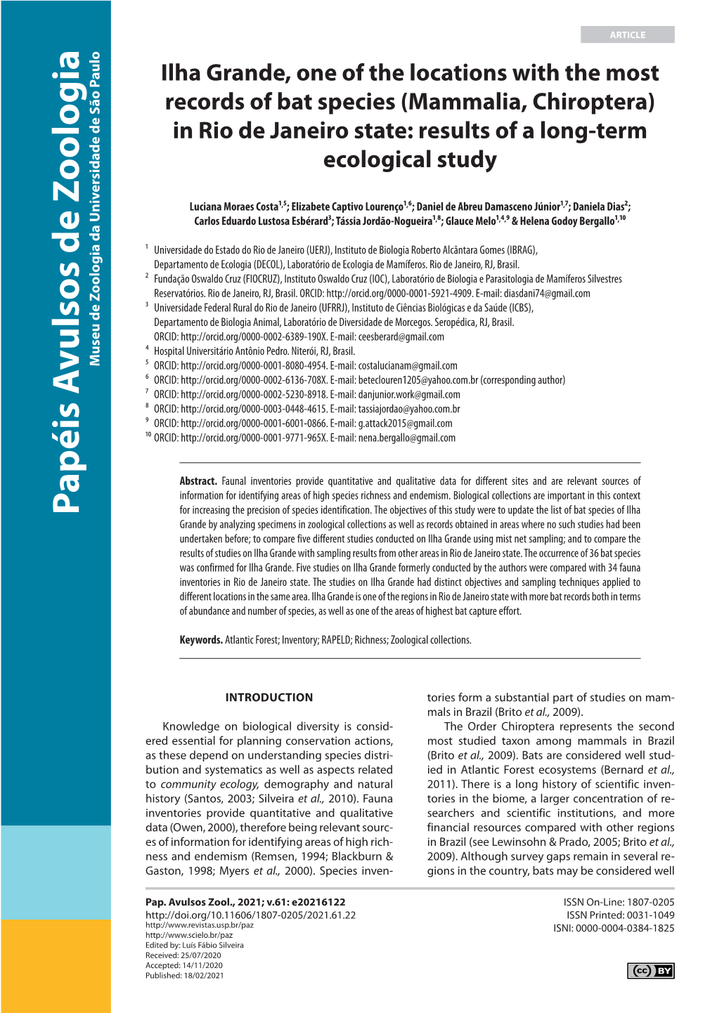 Ilha Grande, One of the Locations with the Most Records of Bat Species (Mammalia, Chiroptera) in Rio De Janeiro State: Results of a Long-Term Ecological Study