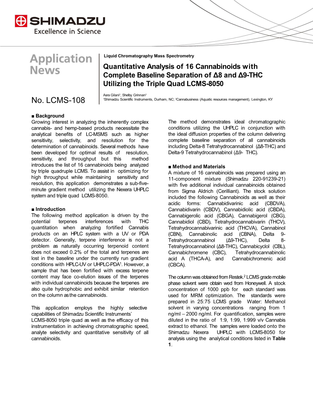 Quantitative Analysis of 16 Cannabinoids with Complete Baseline Separation of Δ8 and Δ9-THC Utilizing the Triple Quad LCMS-8050