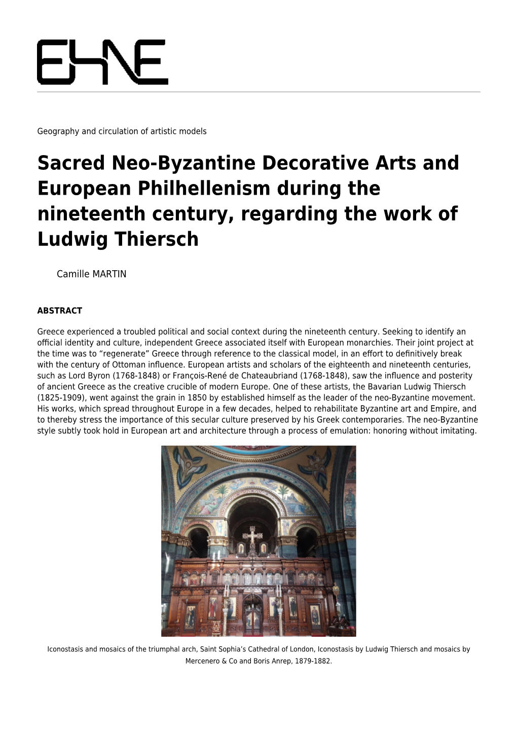 Sacred Neo-Byzantine Decorative Arts and European Philhellenism During the Nineteenth Century, Regarding the Work of Ludwig Thiersch