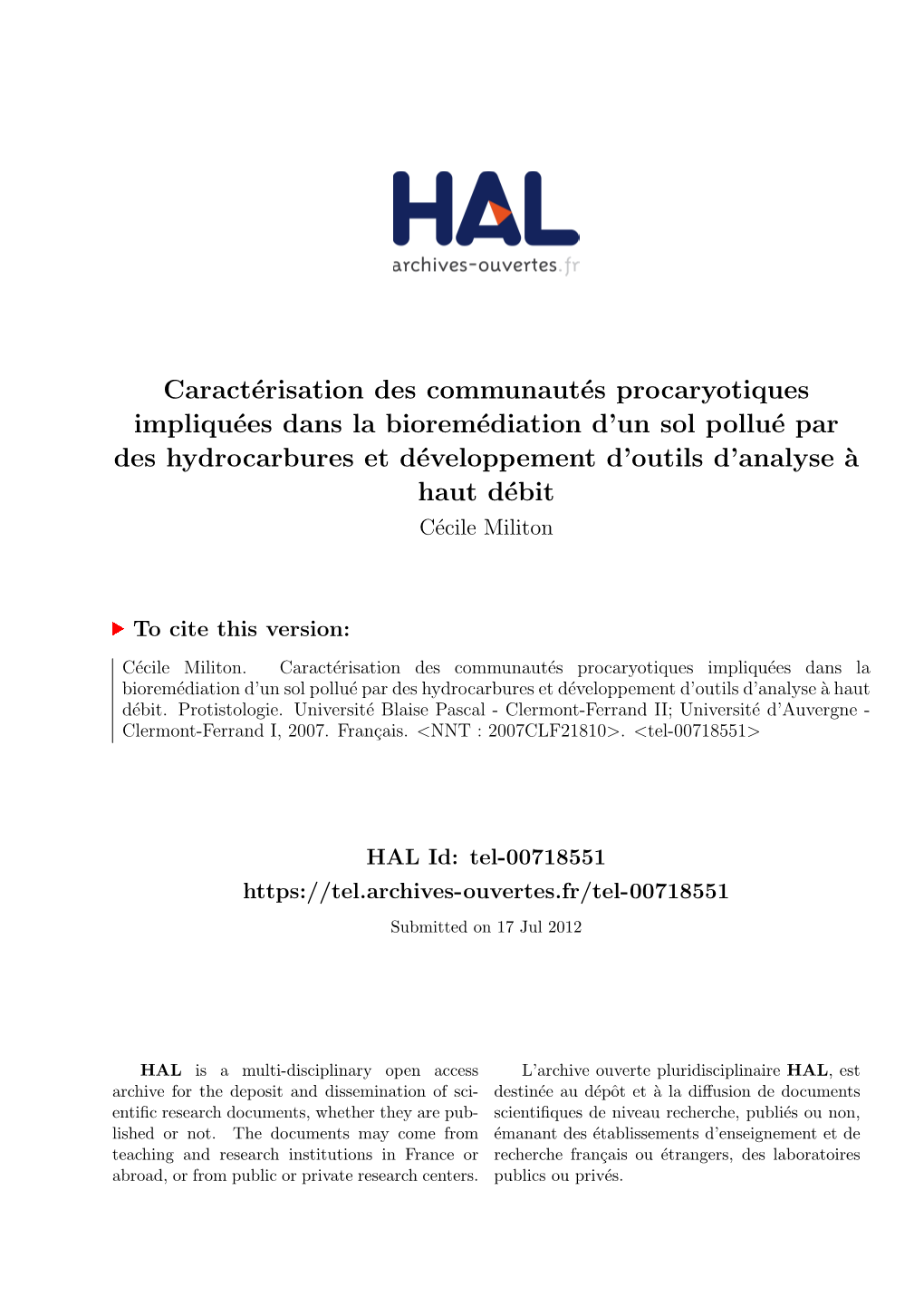 Caractérisation Des Communautés Procaryotiques Impliquées Dans La Bioremédiation D'un Sol Pollué Par Des Hydrocarbures