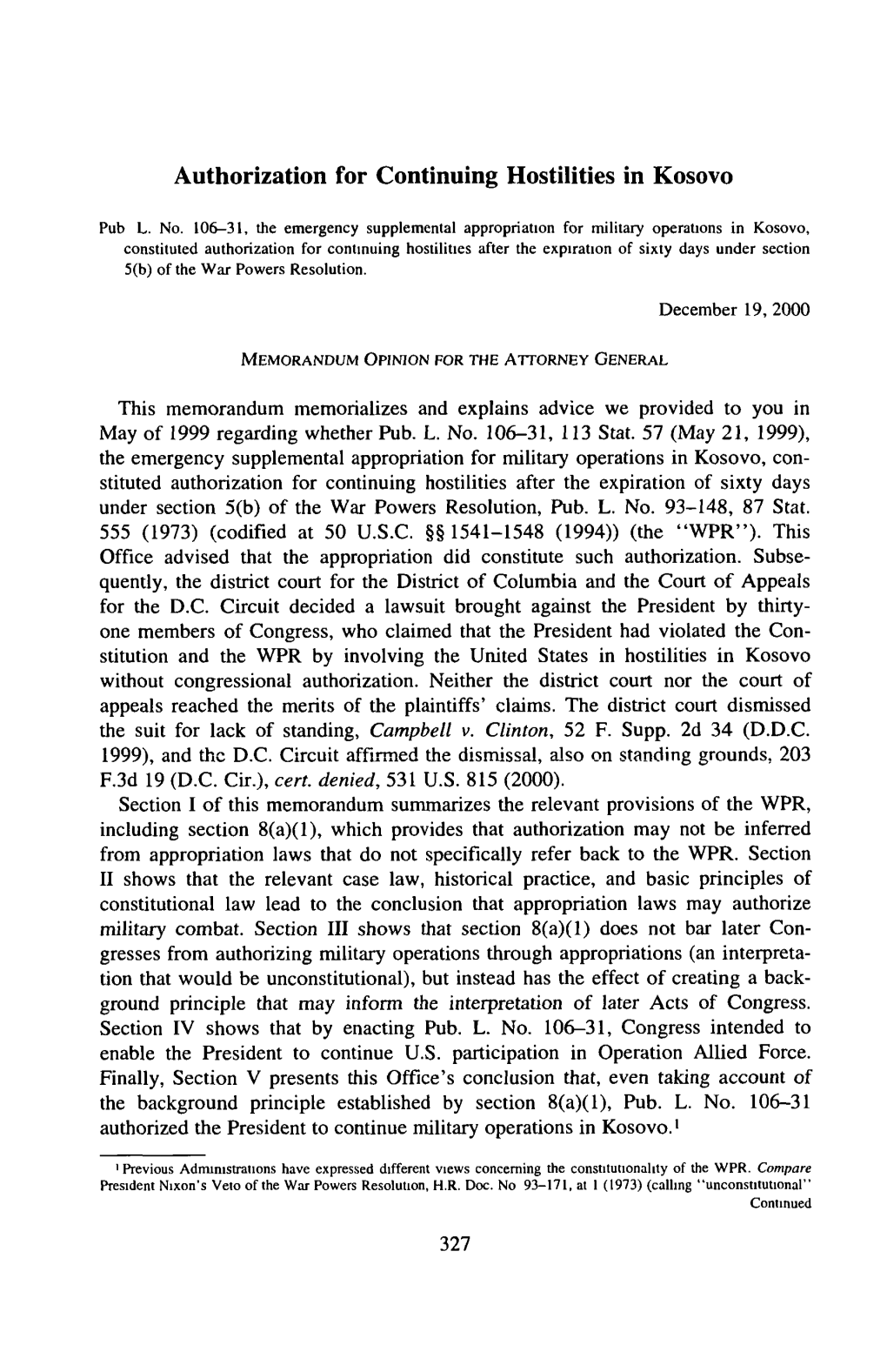 Authorization for Continuing Hostilities in Kosovo