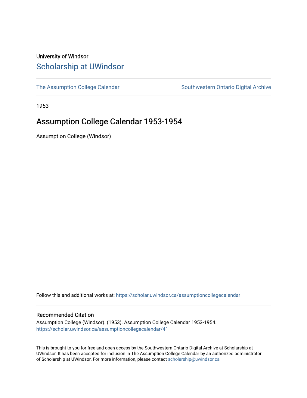 Assumption College Calendar 1953-1954