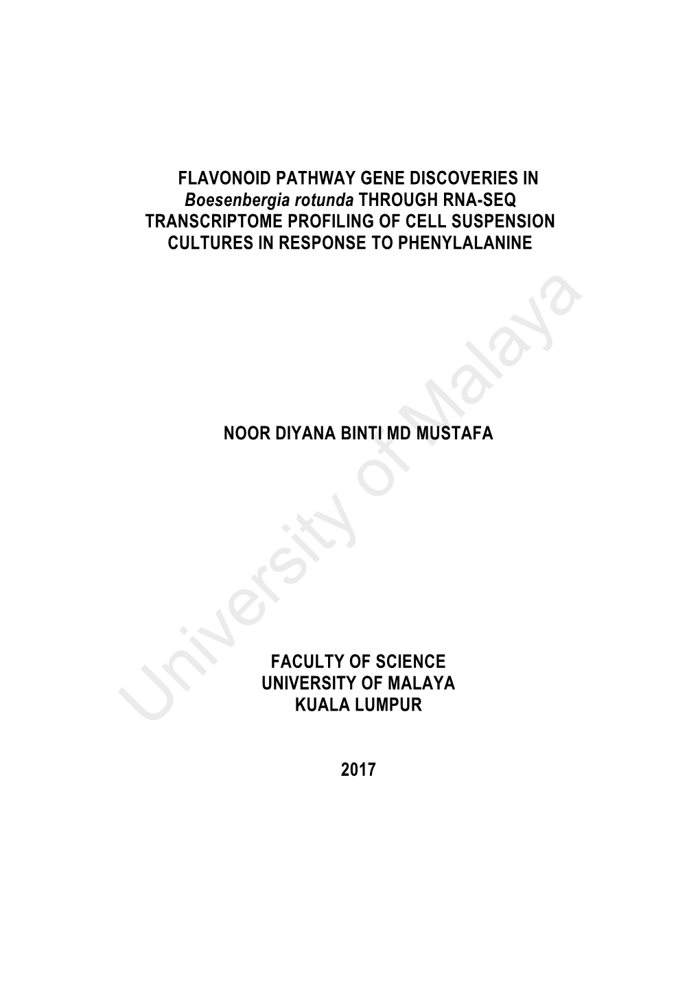 FLAVONOID PATHWAY GENE DISCOVERIES in Boesenbergia Rotunda THROUGH RNA-SEQ TRANSCRIPTOME PROFILING of CELL SUSPENSION CULTURES in RESPONSE to PHENYLALANINE