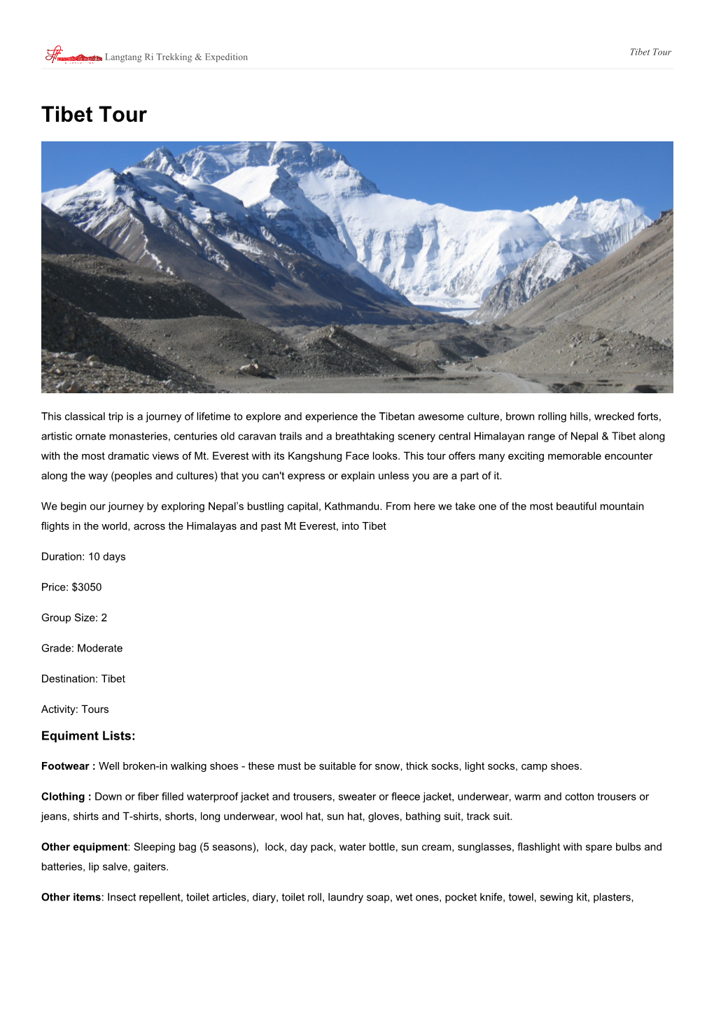 Tibet Tour Langtang Ri Trekking & Expedition