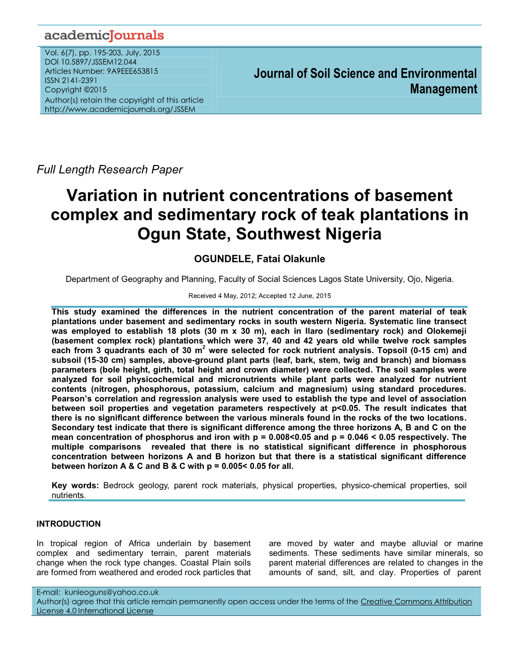 Variation in Nutrient Concentrations of Basement Complex and Sedimentary Rock of Teak Plantations in Ogun State, Southwest Nigeria