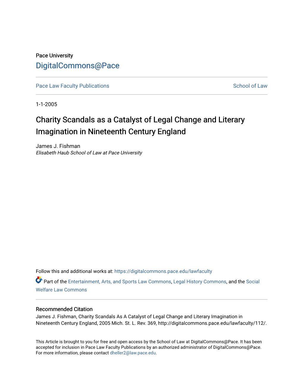 Charity Scandals As a Catalyst of Legal Change and Literary Imagination in Nineteenth Century England