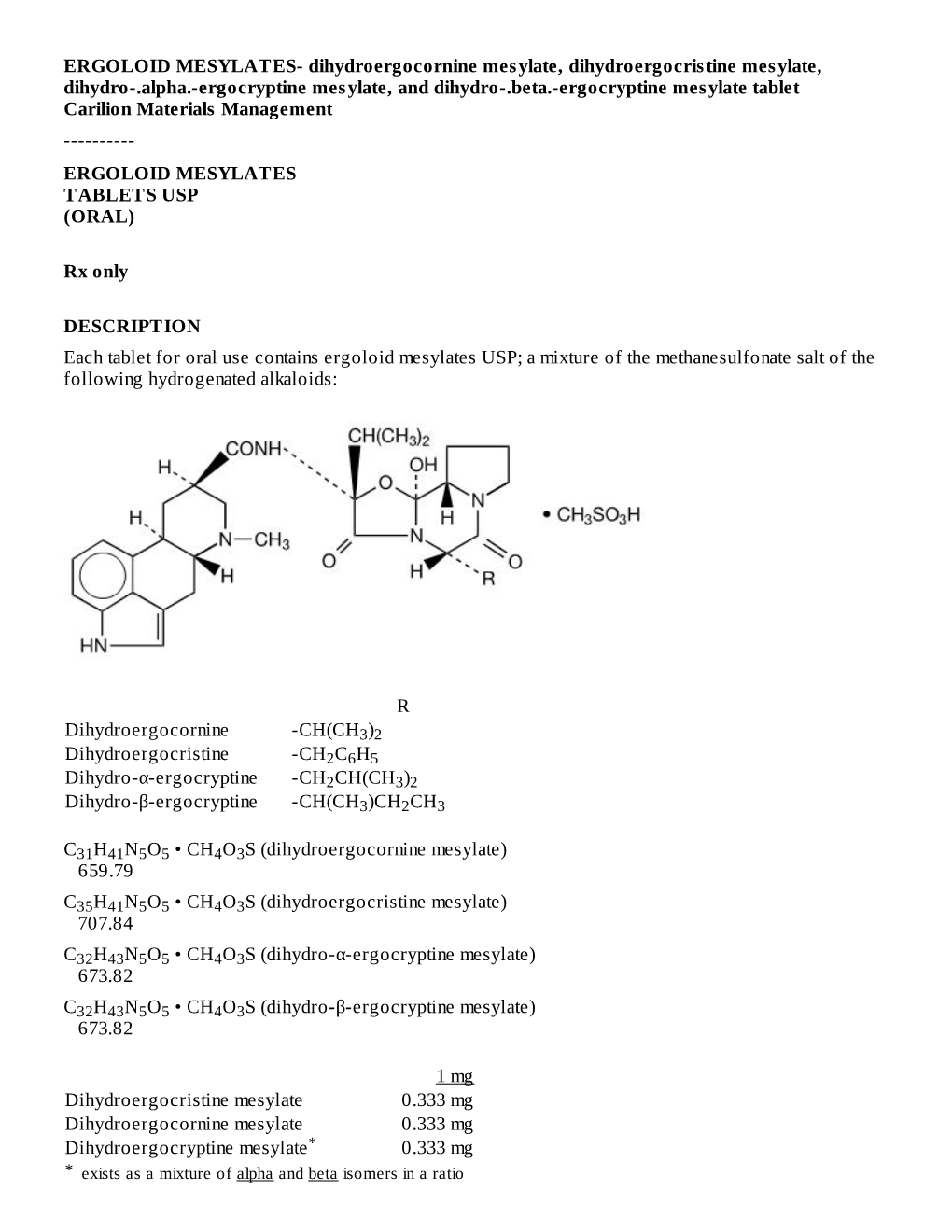 Ergoloid Mesylates Tablets Usp (Oral)