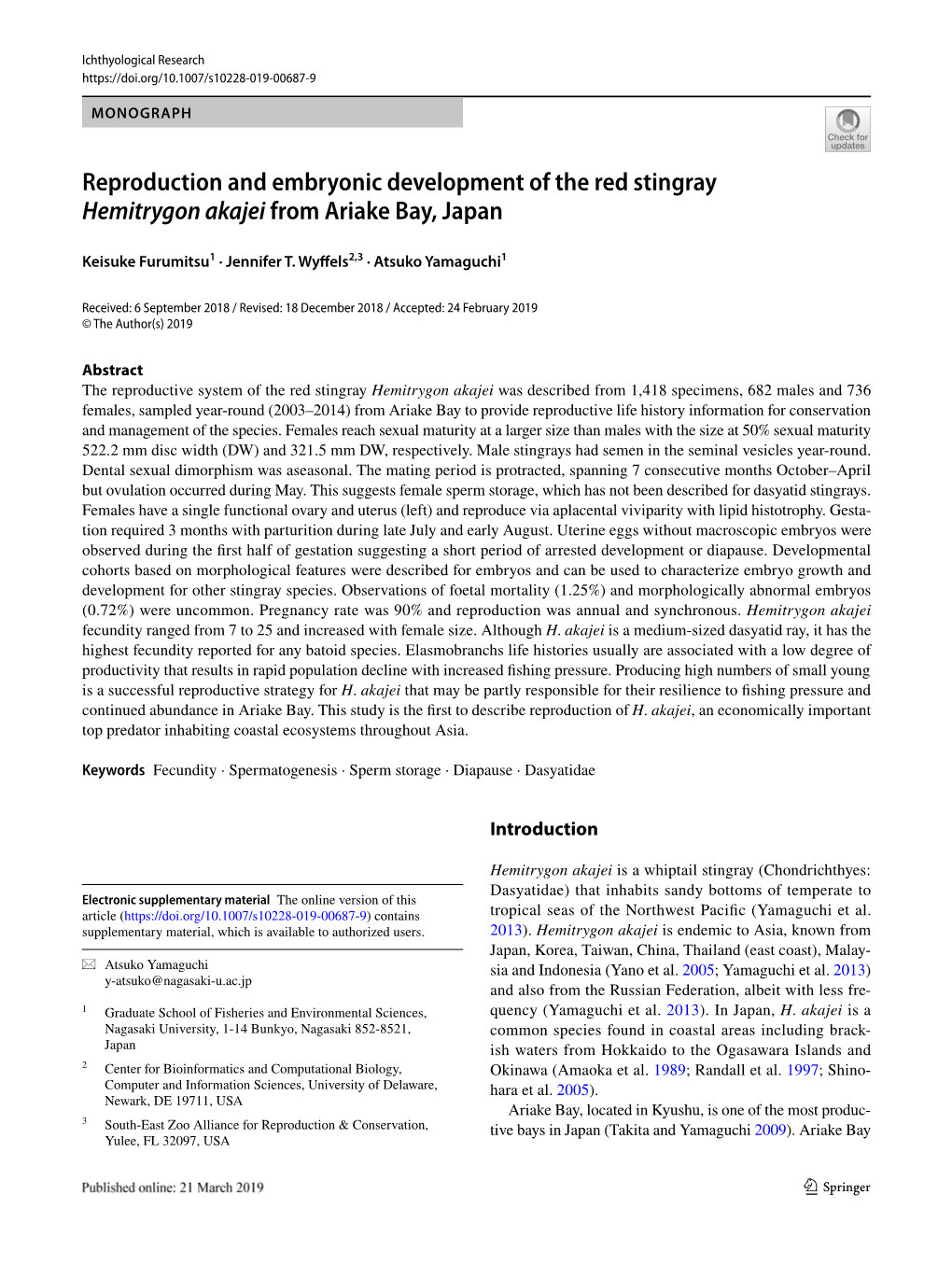 Reproduction and Embryonic Development of the Red Stingray Hemitrygon Akajei from Ariake Bay, Japan