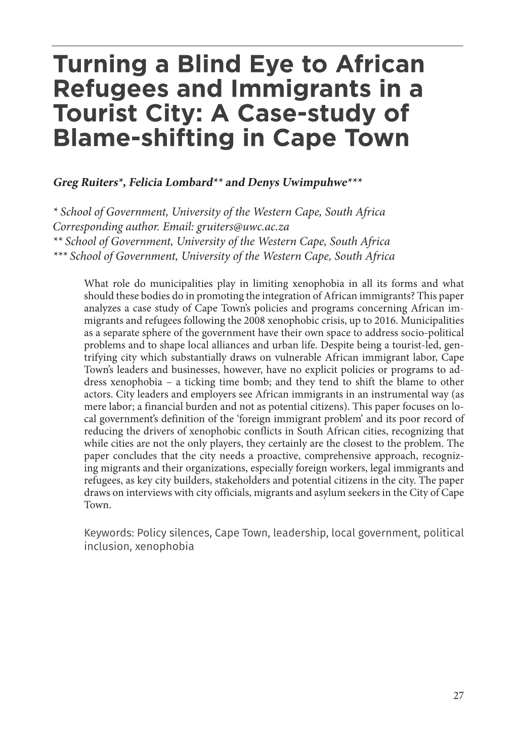 Turning a Blind Eye to African Refugees and Immigrants in a Tourist City: a Case-Study of Blame-Shifting in Cape Town