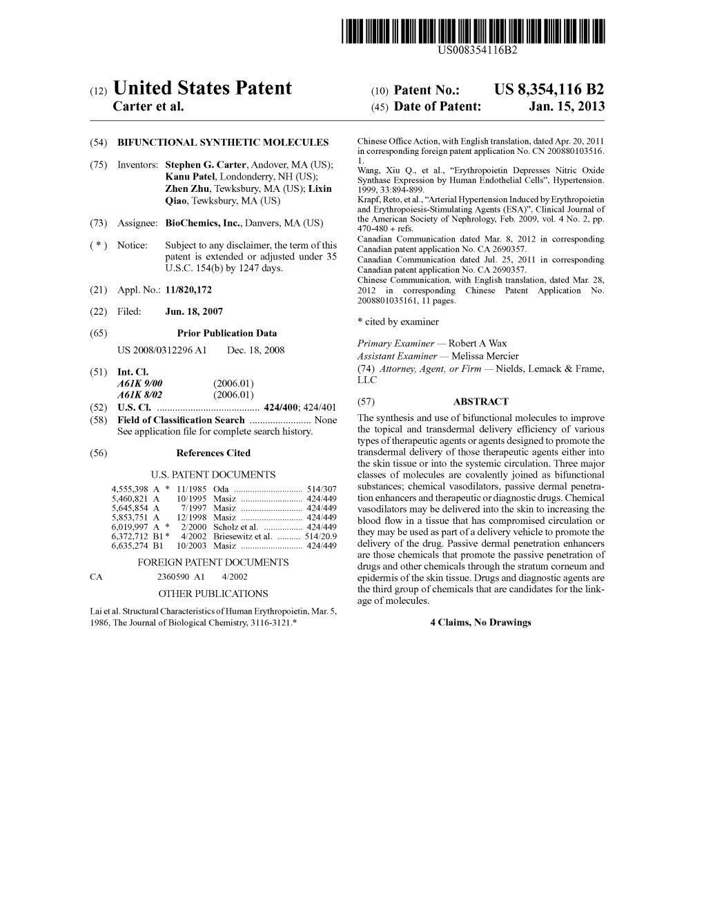 (12) United States Patent (10) Patent No.: US 8,354,116 B2 Carter Et Al