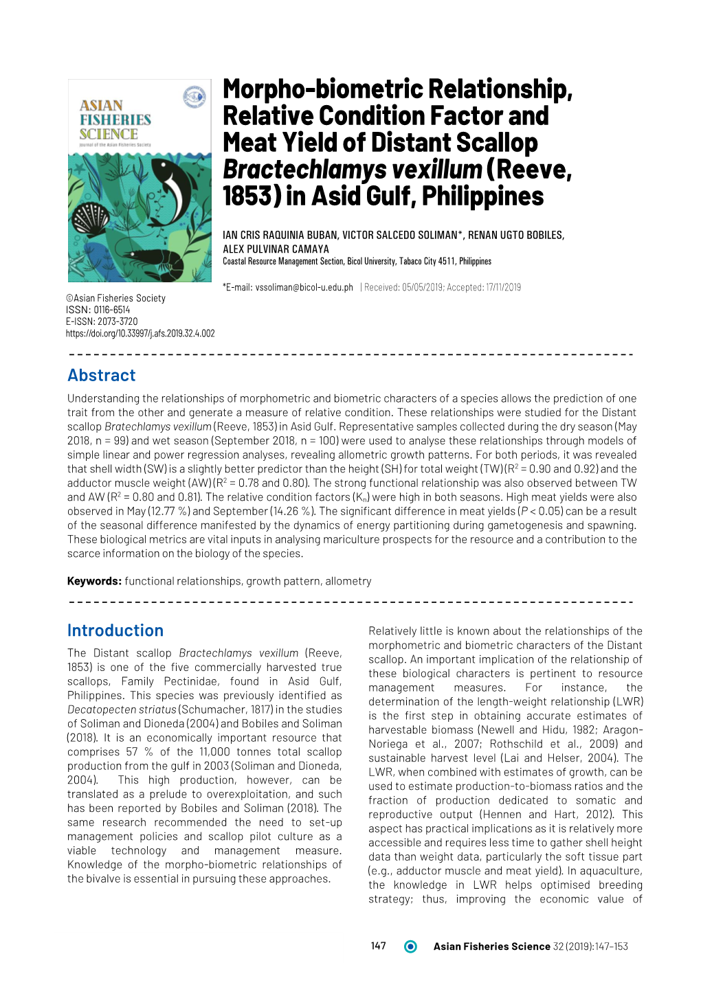 Morpho-Biometric Relationship, Relative Condition Factor and Meat Yield of Distant Scallop Bractechlamys Vexillum (Reeve, 1853) in Asid Gulf, Philippines