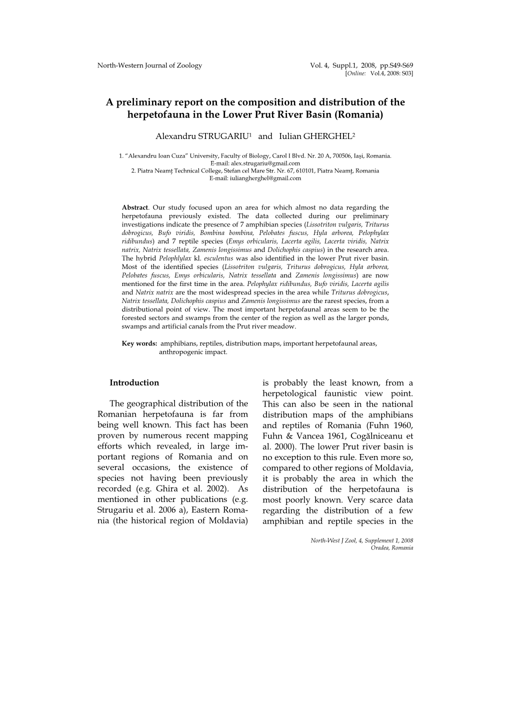 A Preliminary Report on the Composition and Distribution of the Herpetofauna in the Lower Prut River Basin (Romania)