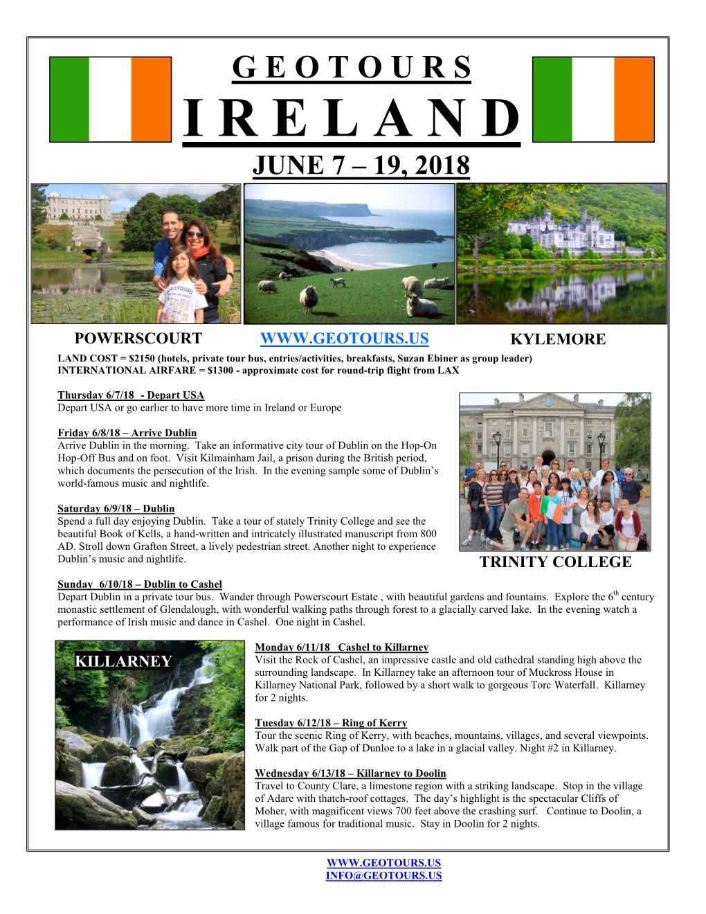 2018 Geotours Ireland Itinerary